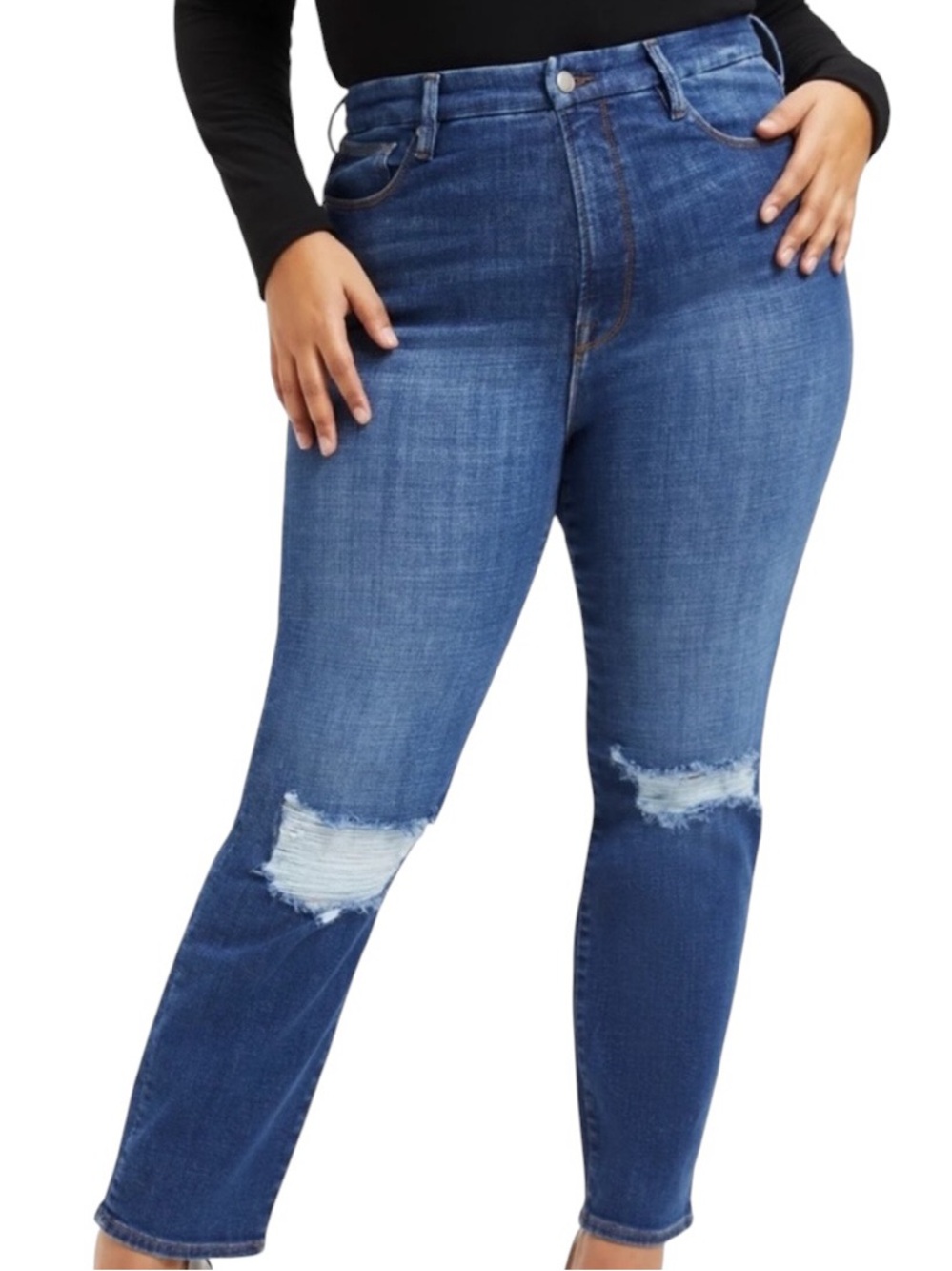 GOOD AMERICAN Good Classic Indigo High Rise Distressed Straight Crop Jean